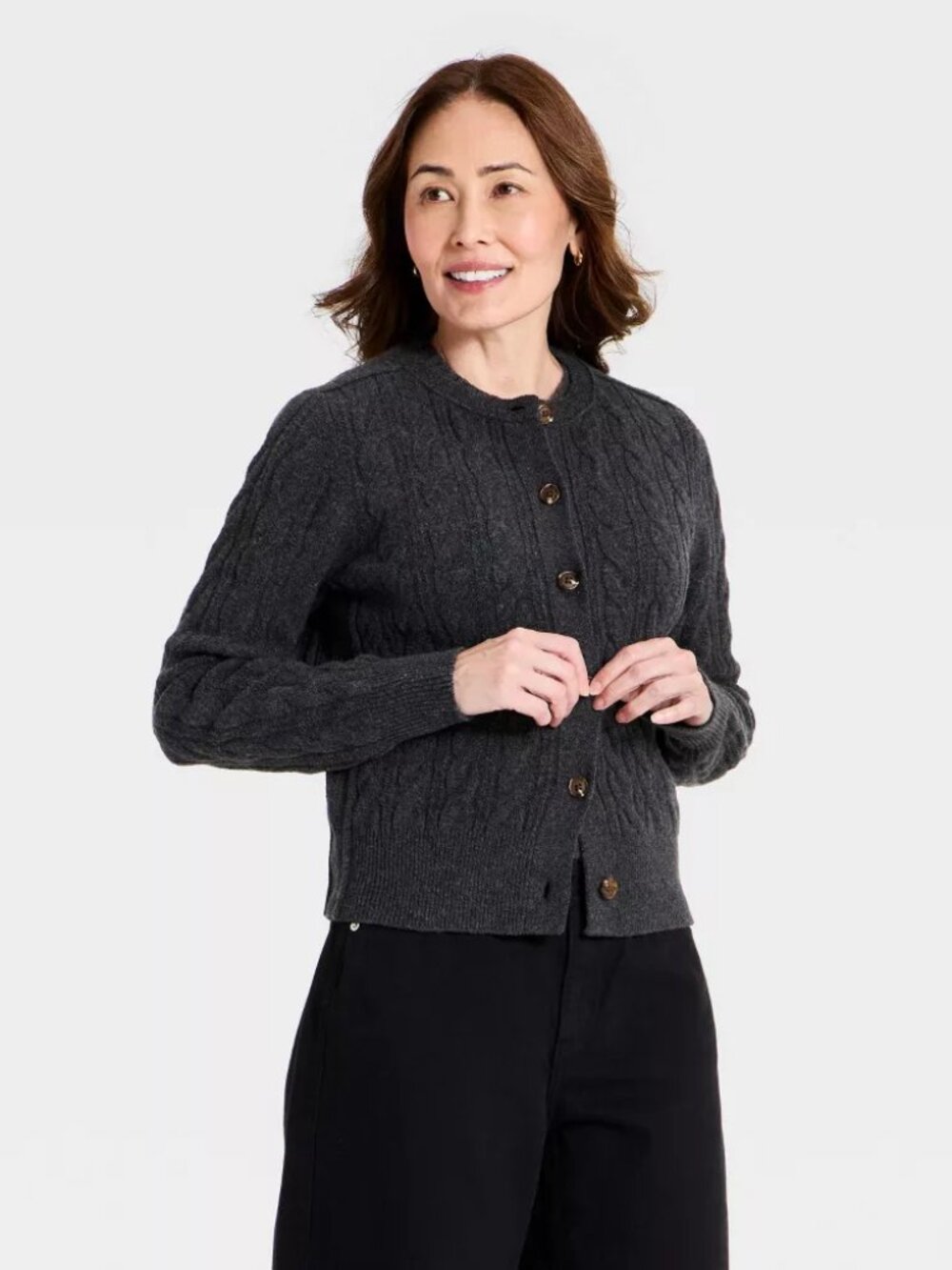 Women's Heritage Cable Crewneck Cardigan - Universal Thread™ Charcoal Gray S